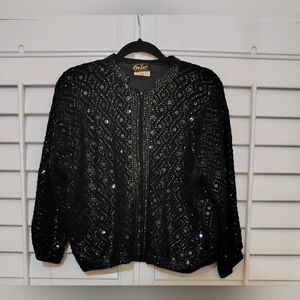 VTG 50's Embellished Elegant Wool Cropped Zipped 3/4 Sleeve Sweater Sz L (EU 42)